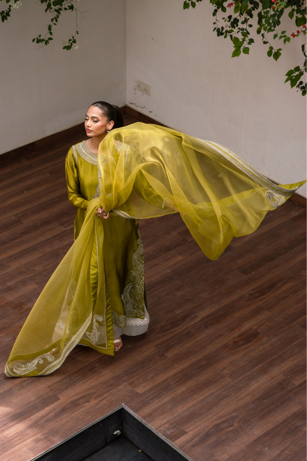 Tasawur Olive Green Silk Shirt Azaar with Dupatta