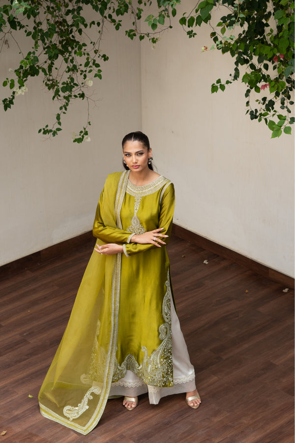 Tasawur Olive Green Silk Shirt Azaar with Dupatta