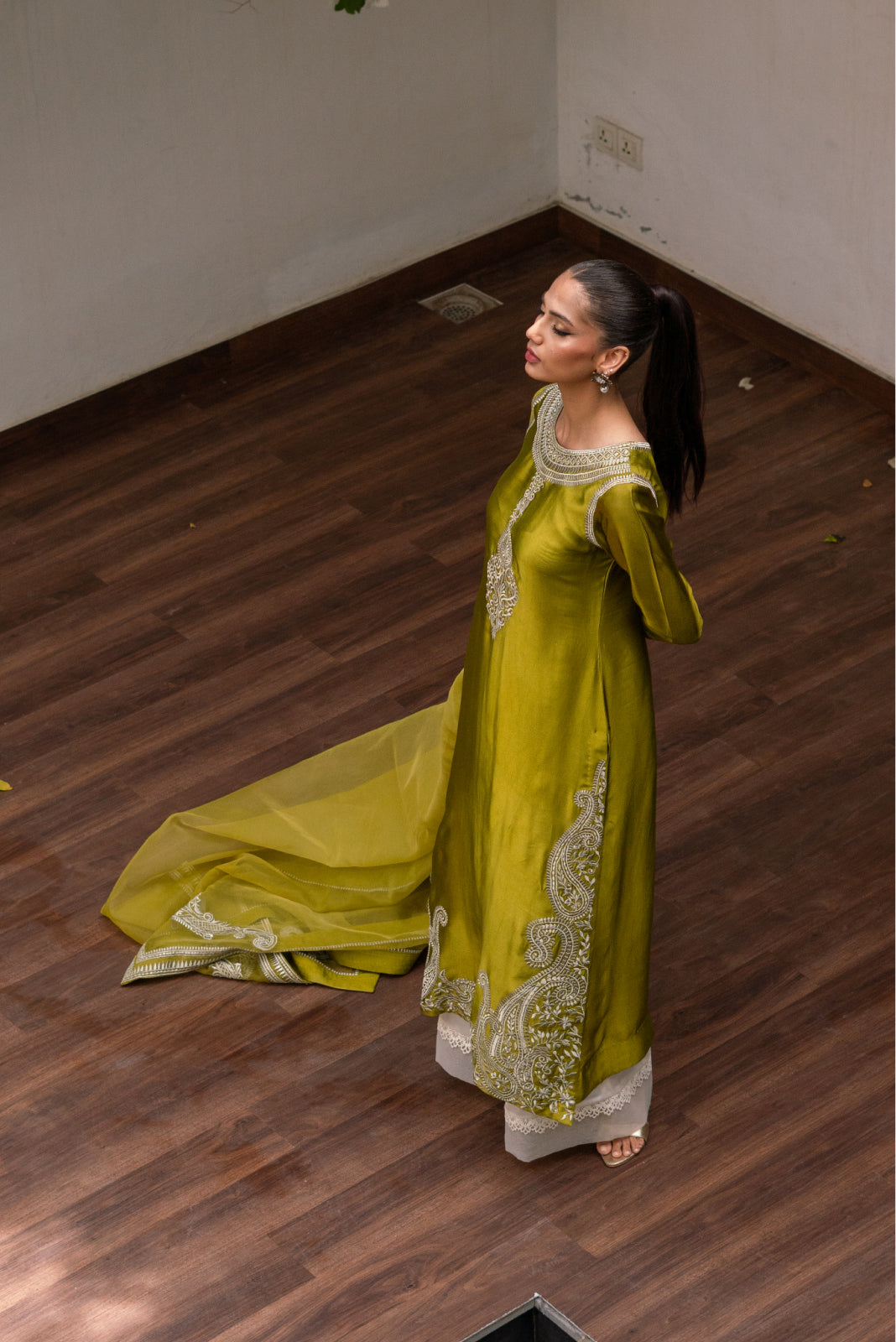 Tasawur Olive Green Silk Shirt Azaar with Dupatta