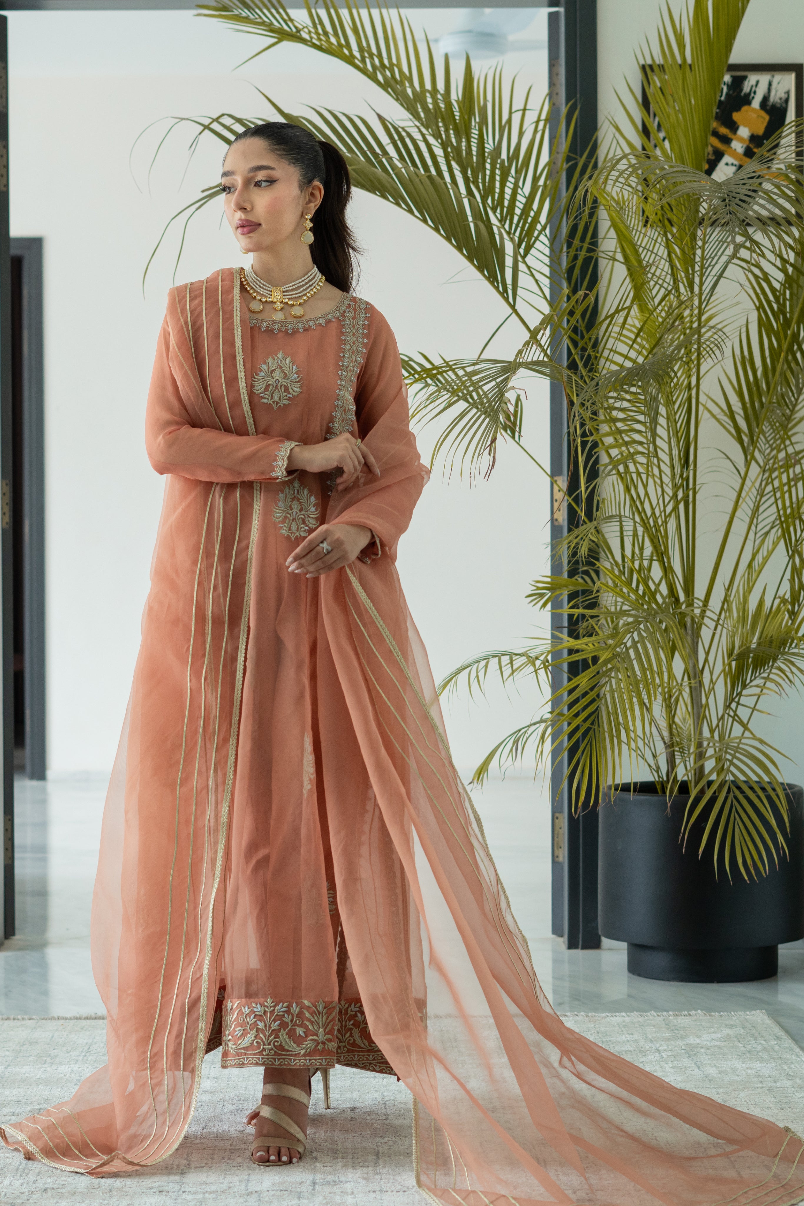 Mosiqi Coral Rose panel dress with cigarette Pant & Dupatta