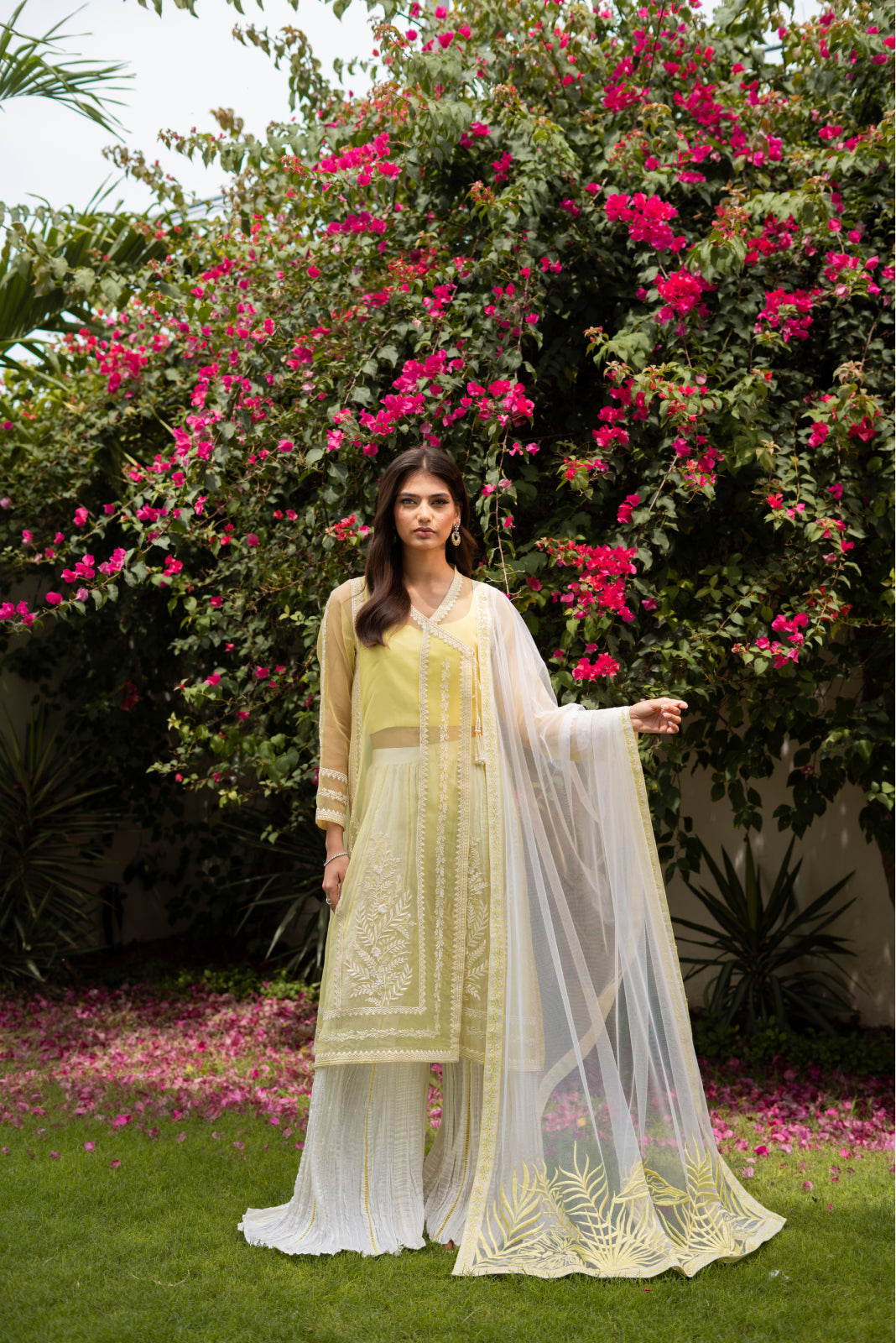 Misra Pastle yellow organza Angrakha and crushed Azaar with Dupatta