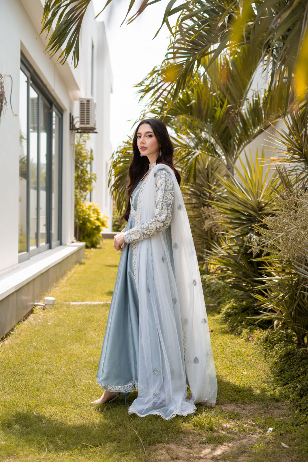 Tasveer Light Grey panel Dress and cigarette Pant with Dupatta