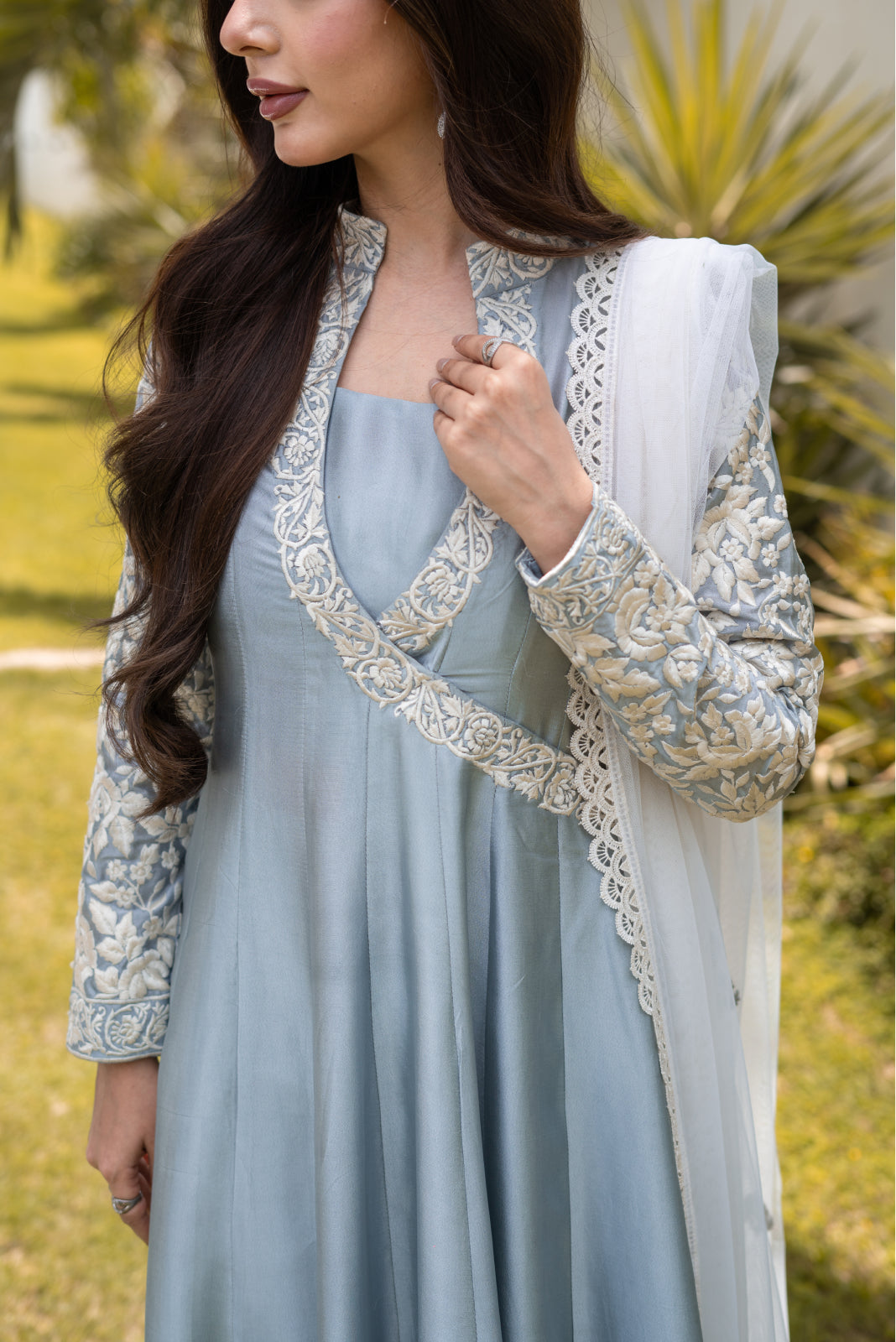 Tasveer Light Grey panel Dress and cigarette Pant with Dupatta