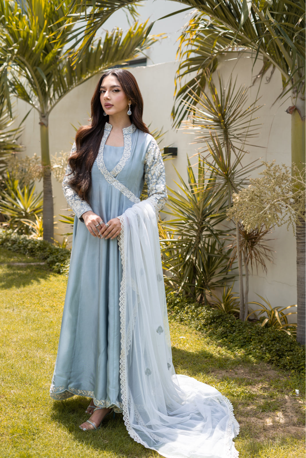 Tasveer Light Grey panel Dress and cigarette Pant with Dupatta