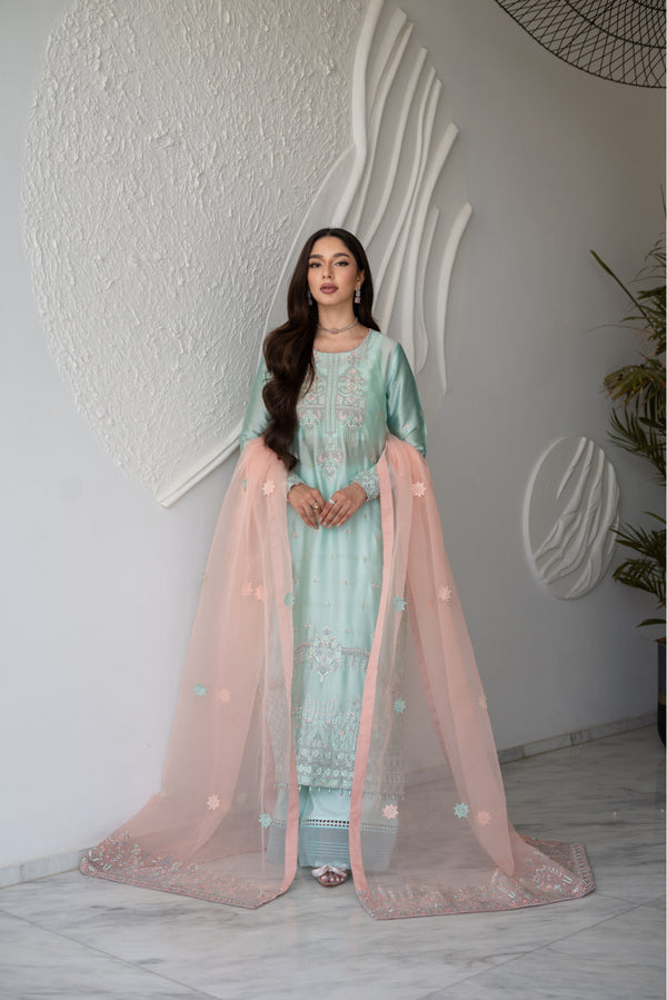 Muhabbat Cyan sheesha silk Shirt and Azaar with Dupatta