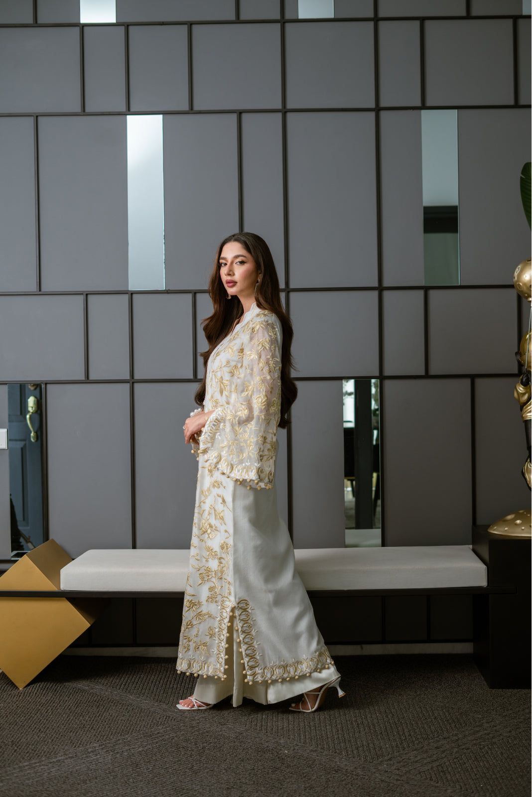 Adaa White&Gold khaadi net long Shirt with azaar