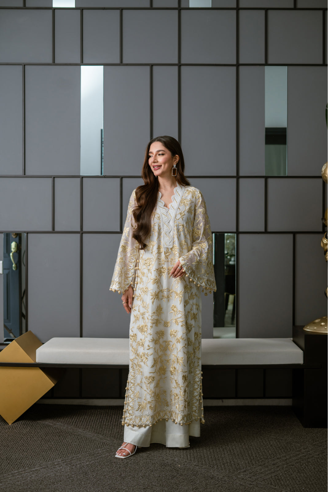 Adaa White&Gold khaadi net long Shirt with azaar