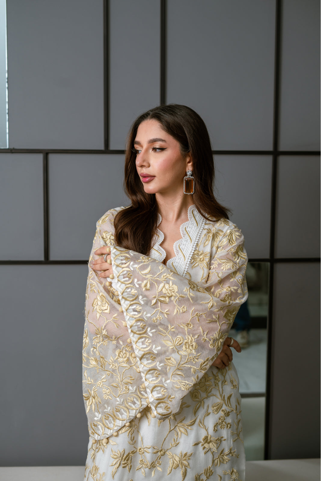 Adaa White&Gold khaadi net long Shirt with azaar