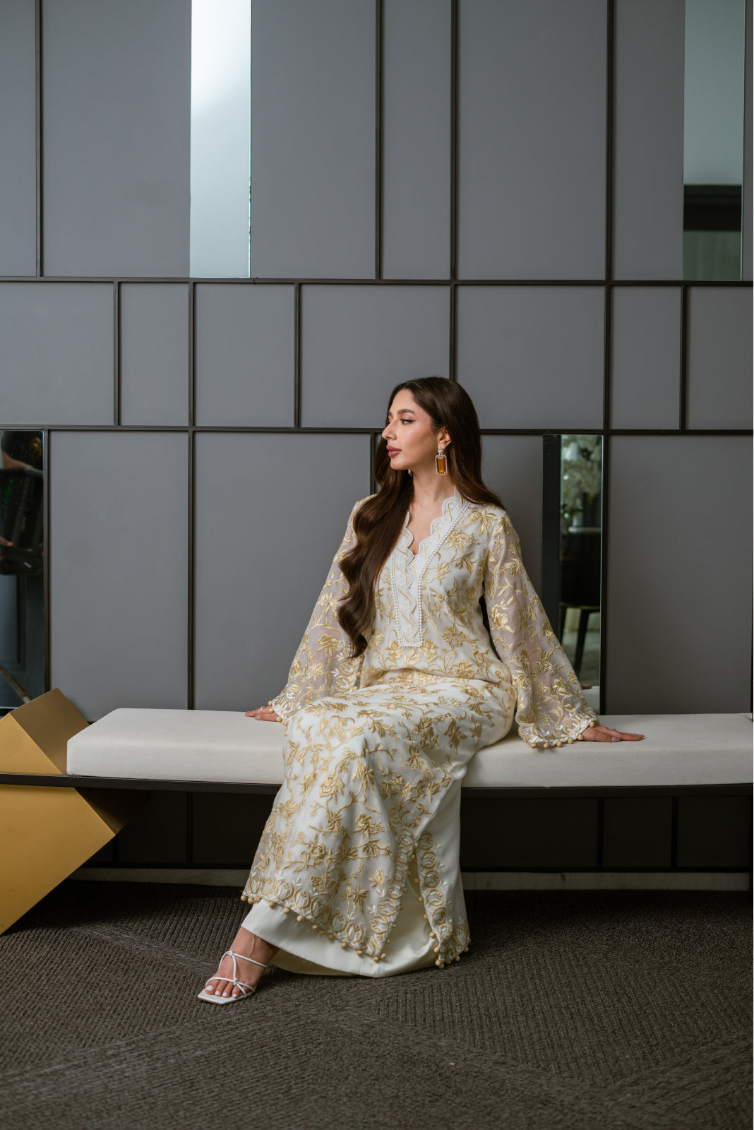 Adaa White&Gold khaadi net long Shirt with azaar