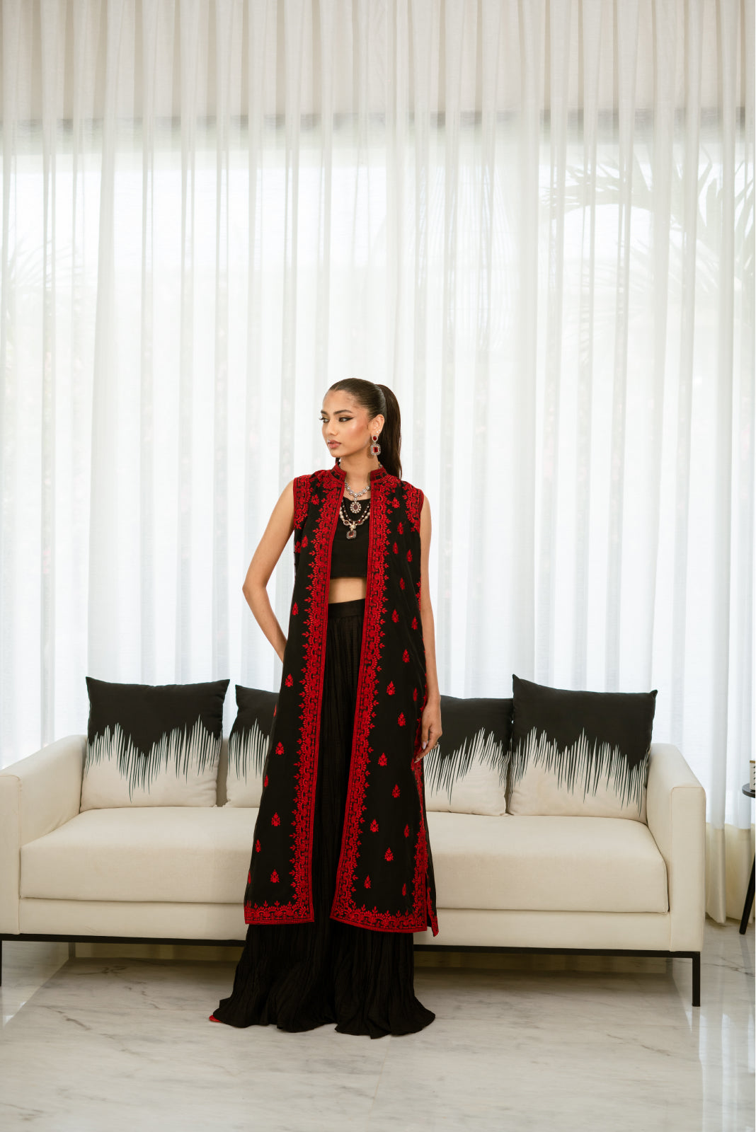 Banawat Black&Red Organza Coat with Crushed Azaar & tie and dye Dupatta