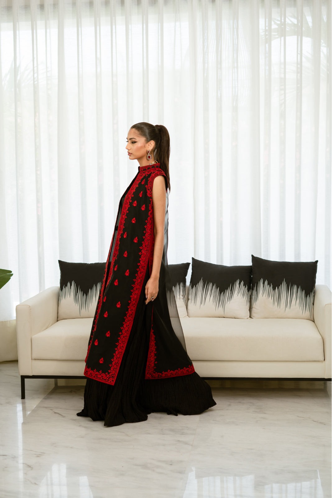 Banawat Black&Red Organza Coat with Crushed Azaar & tie and dye Dupatta