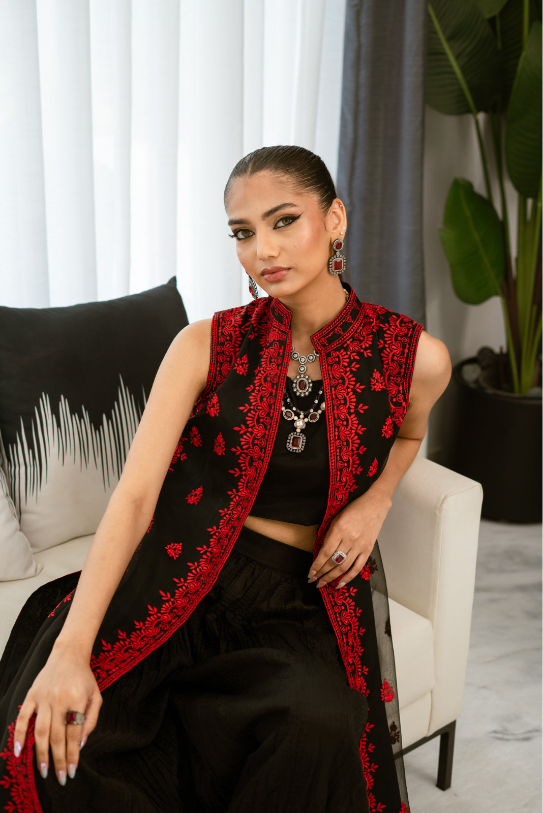 Banawat Black&Red Organza Coat with Crushed Azaar & tie and dye Dupatta