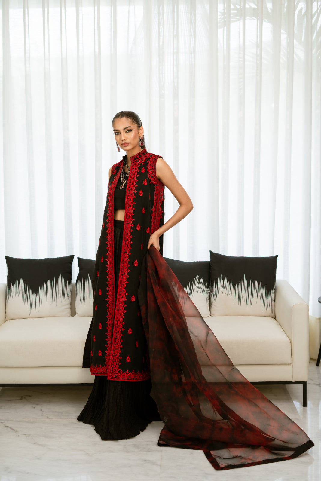 Banawat Black&Red Organza Coat with Crushed Azaar & tie and dye Dupatta