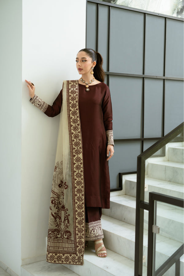 Ashaar Burgundy sheesha silk Shirt and Azaar with Dupatta