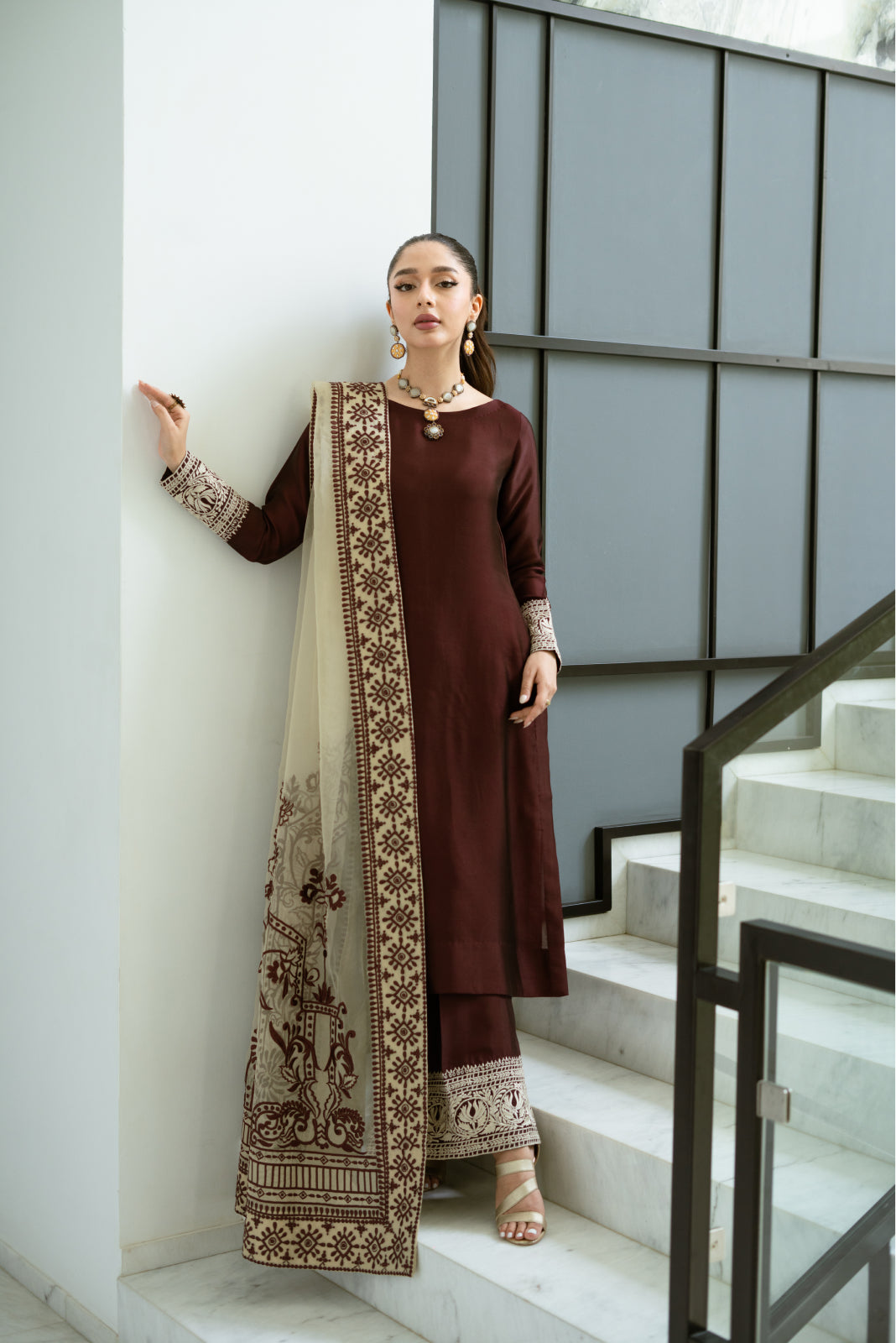 Ashaar Burgundy sheesha silk Shirt and Azaar with Dupatta