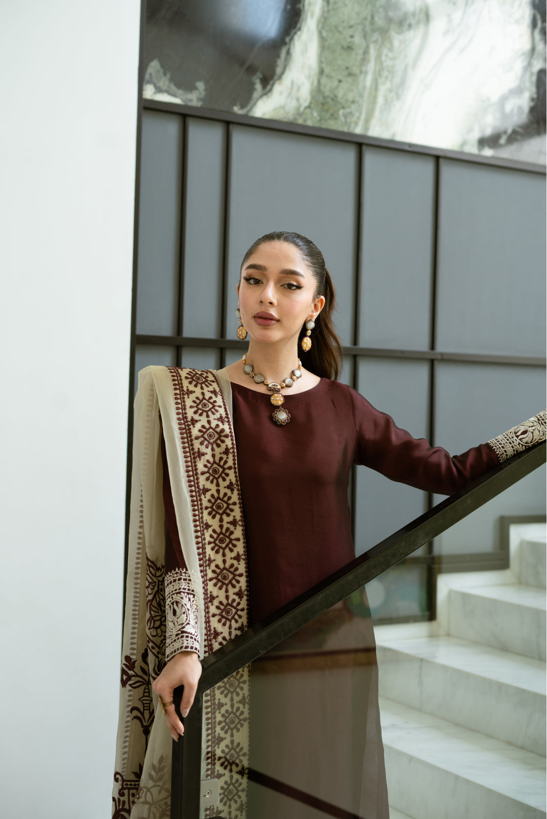 Ashaar Burgundy sheesha silk Shirt and Azaar with Dupatta