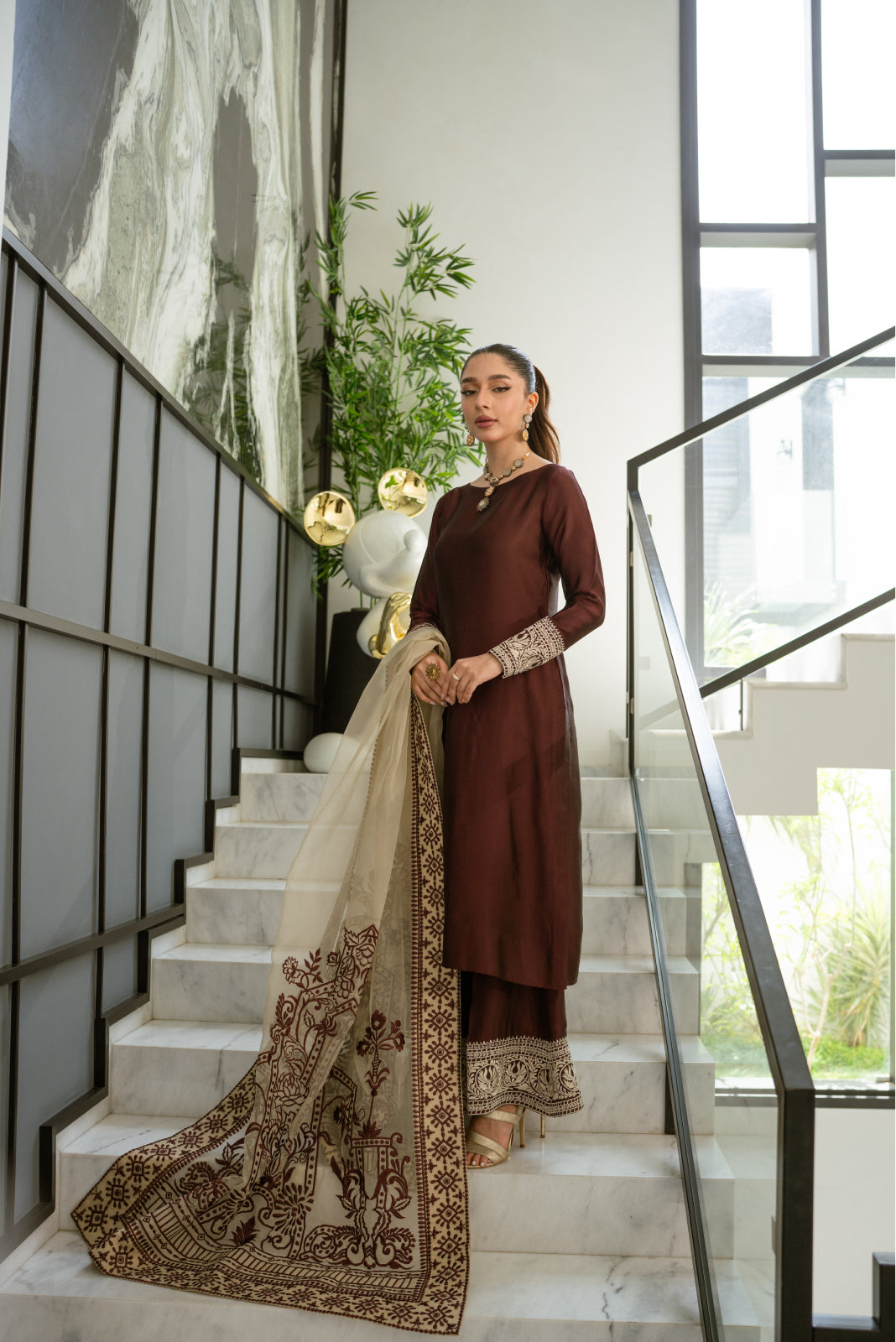 Ashaar Burgundy sheesha silk Shirt and Azaar with Dupatta