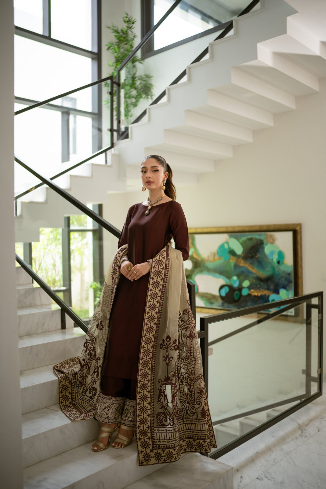 Ashaar Burgundy sheesha silk Shirt and Azaar with Dupatta