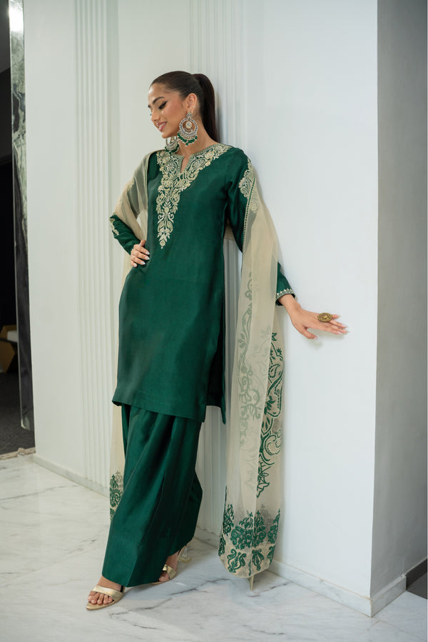 Shayari Emerald green sheesha silk Shirt and Shalwar with Dupatta