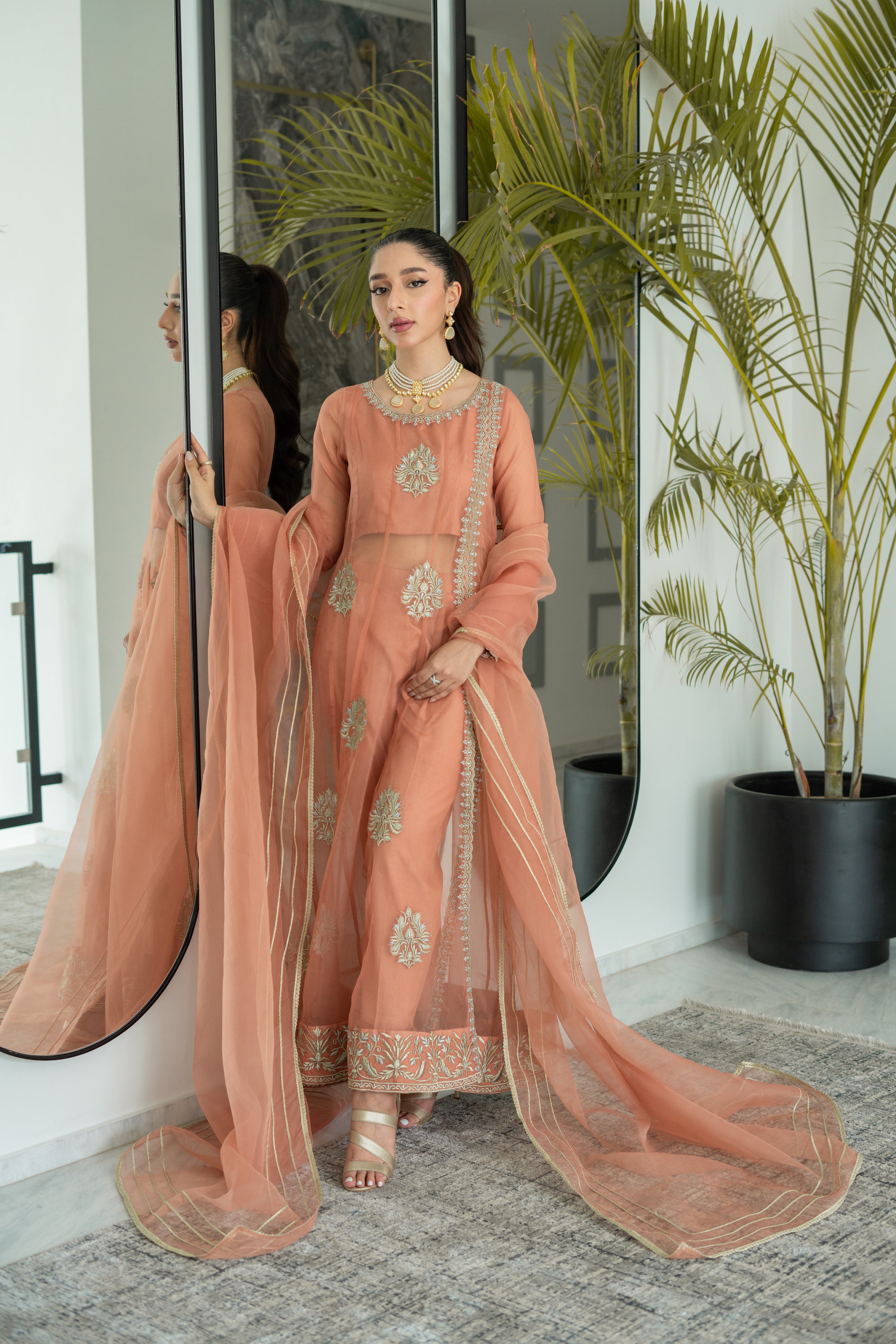 Mosiqi Coral Rose panel dress with cigarette Pant & Dupatta