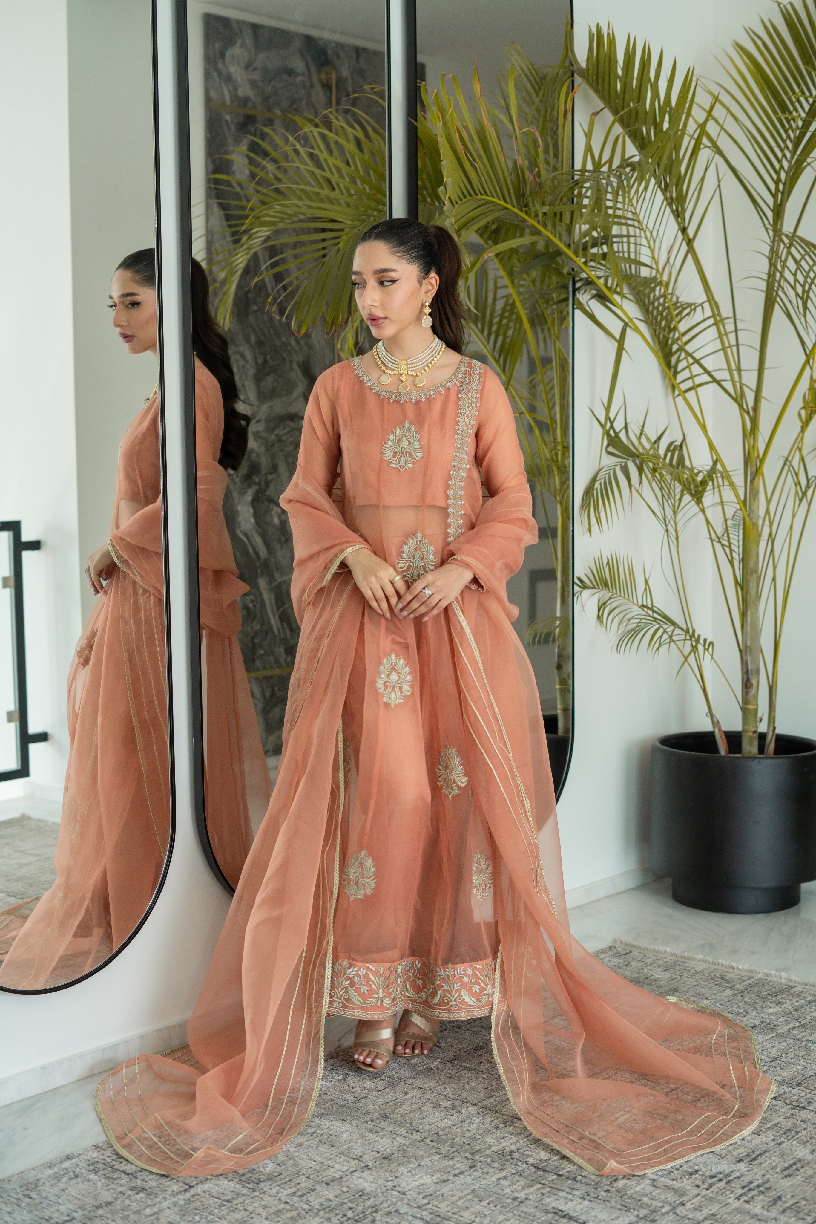 Mosiqi Coral Rose panel dress with cigarette Pant & Dupatta