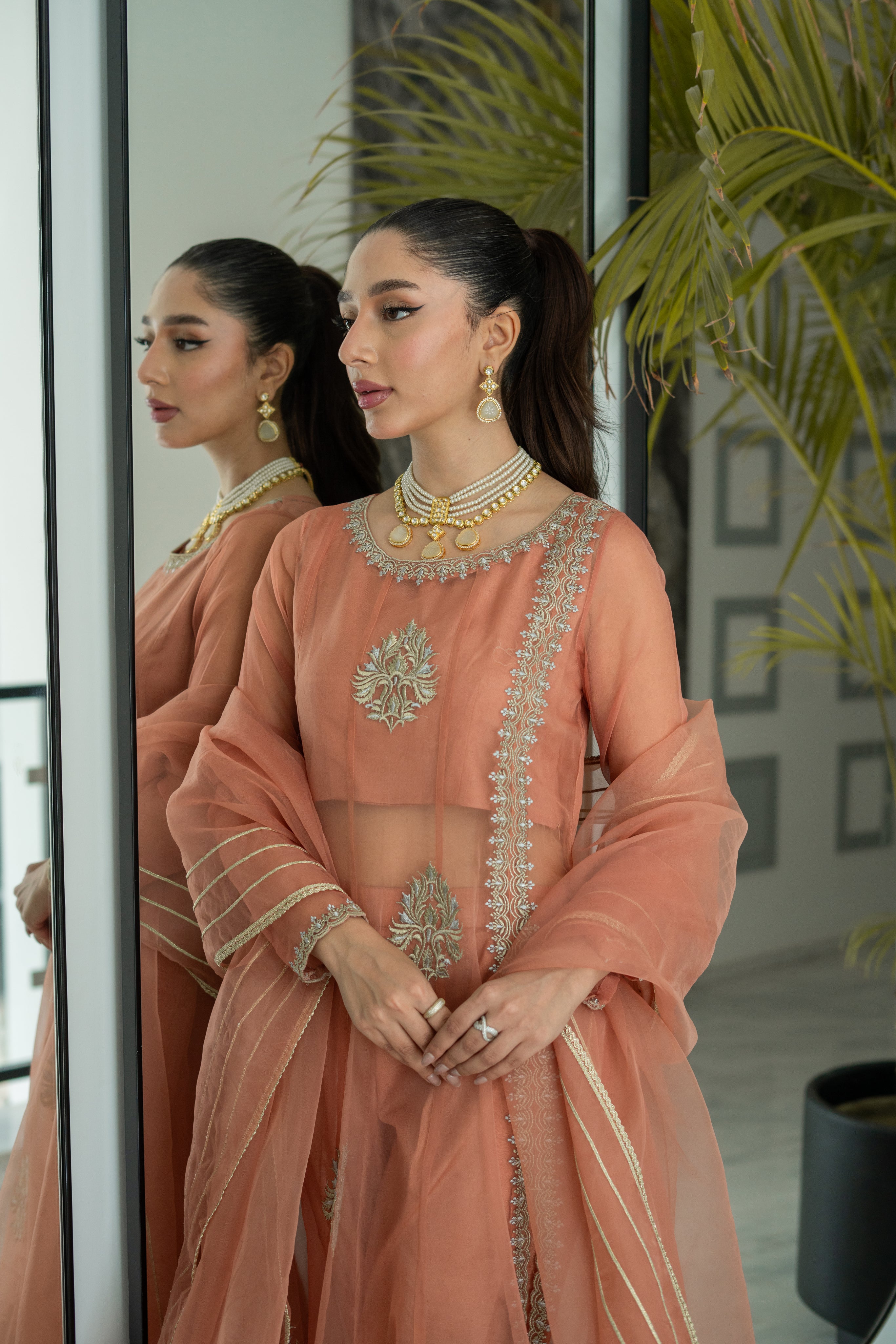 Mosiqi Coral Rose panel dress with cigarette Pant & Dupatta