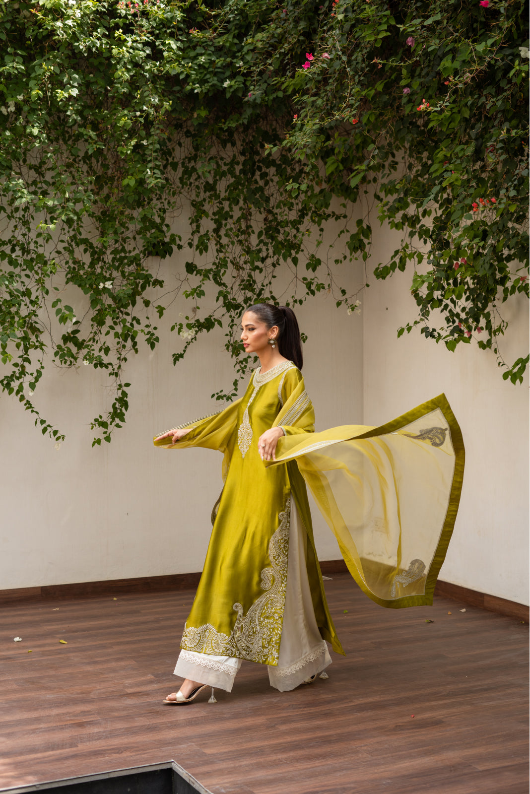 Tasawur Olive Green Silk Shirt Azaar with Dupatta