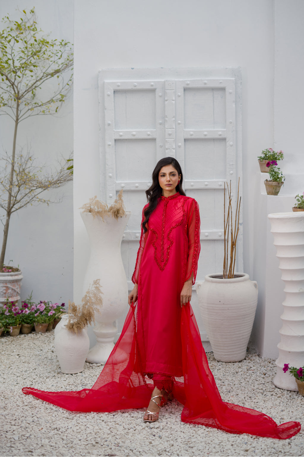 Lalin Red EMBROIDERED SILK SHIRT WITH PANT