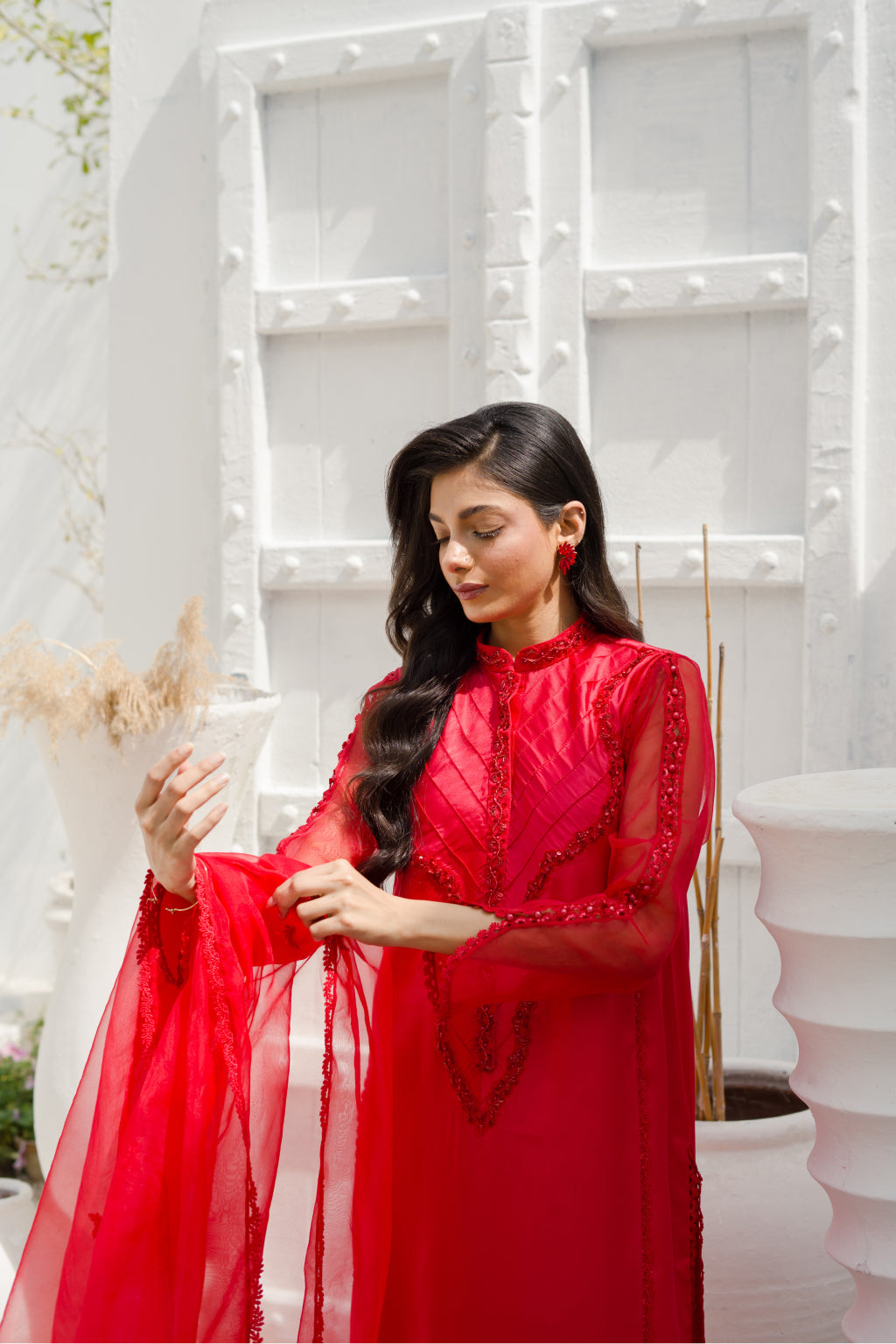 Lalin Red EMBROIDERED SILK SHIRT WITH PANT