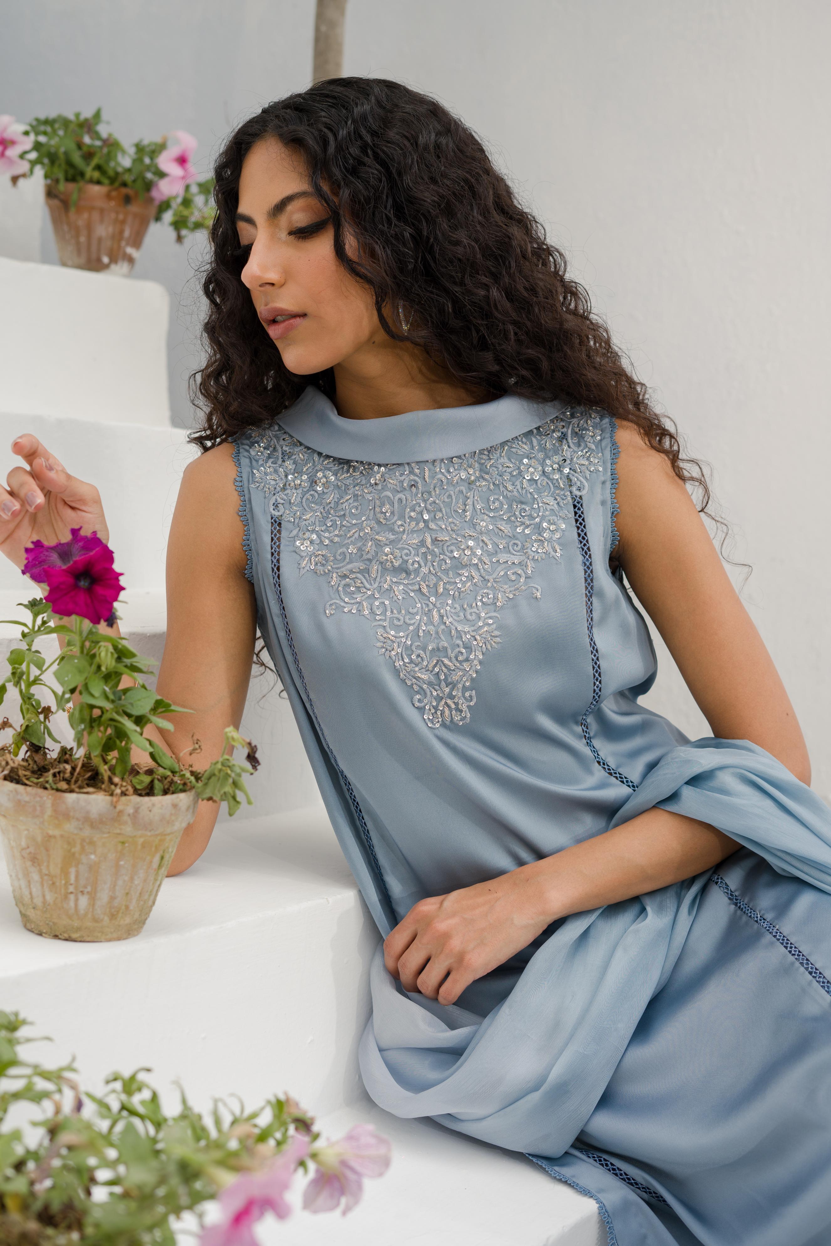 Myzha Gray Blue EMBROIDERED SILK SHIRT WITH PANT