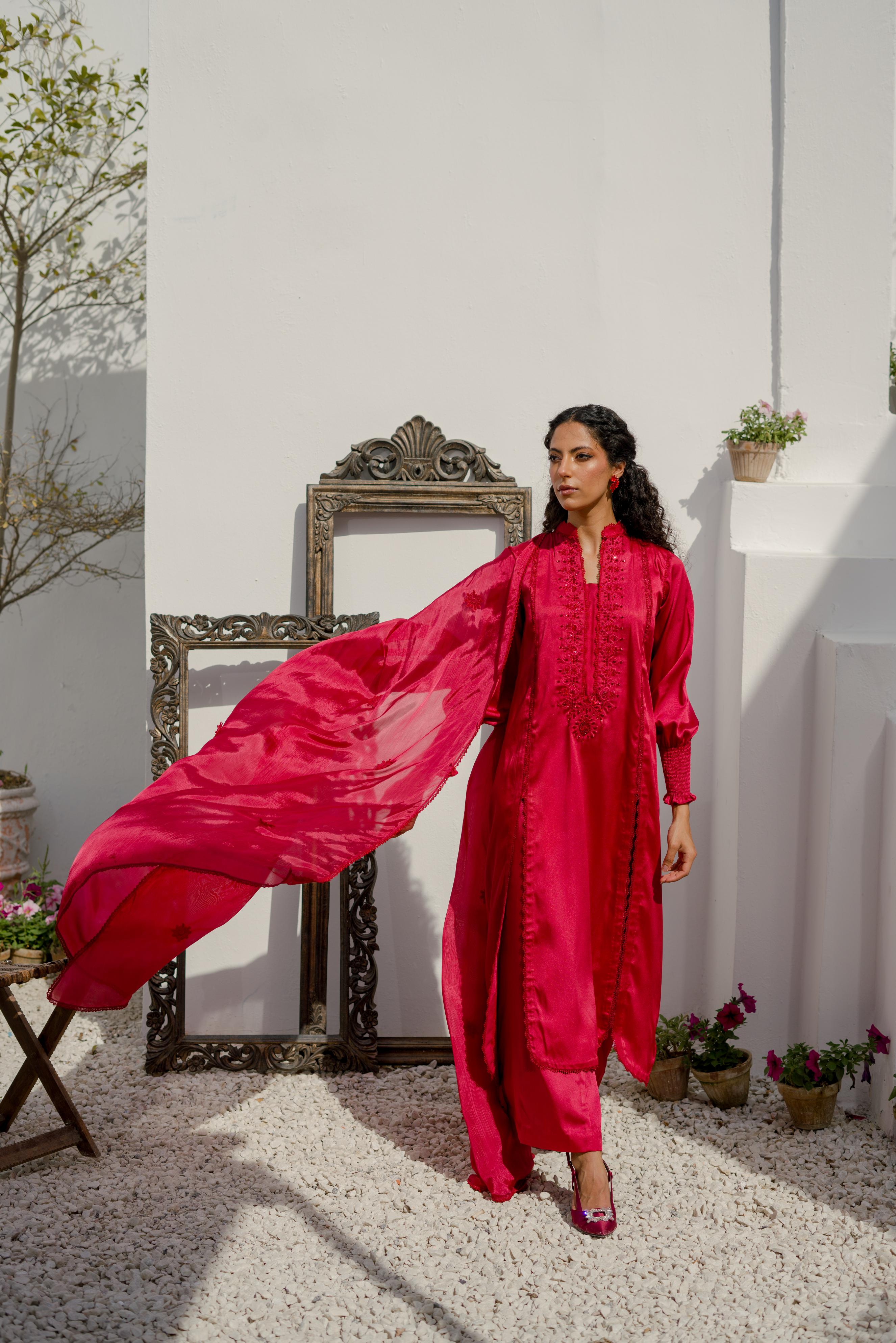 Navya Maroon EMBROIDERED SILK SHIRT WITH PANT