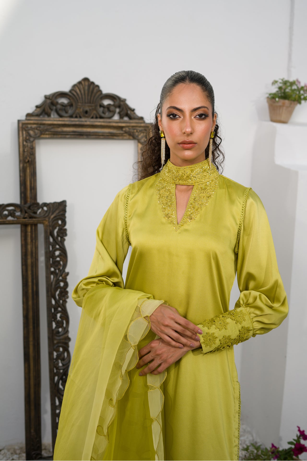 Merina Sab Green EMBROIDERED SILK SHIRT WITH PANT