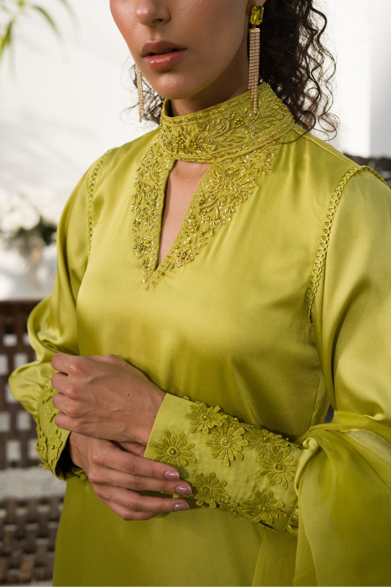 Merina Sab Green EMBROIDERED SILK SHIRT WITH PANT