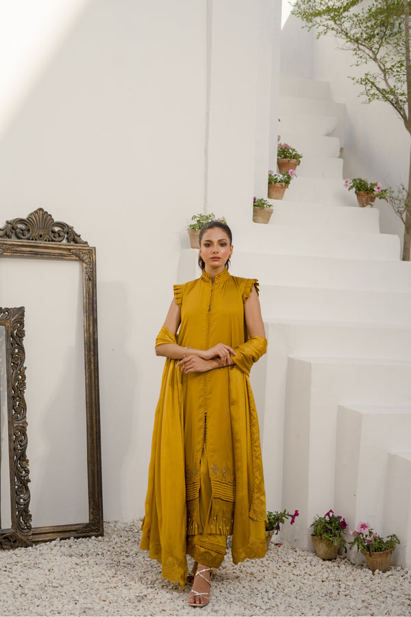 Nihana Mustard EMBROIDERED SILK SHIRT WITH PANT