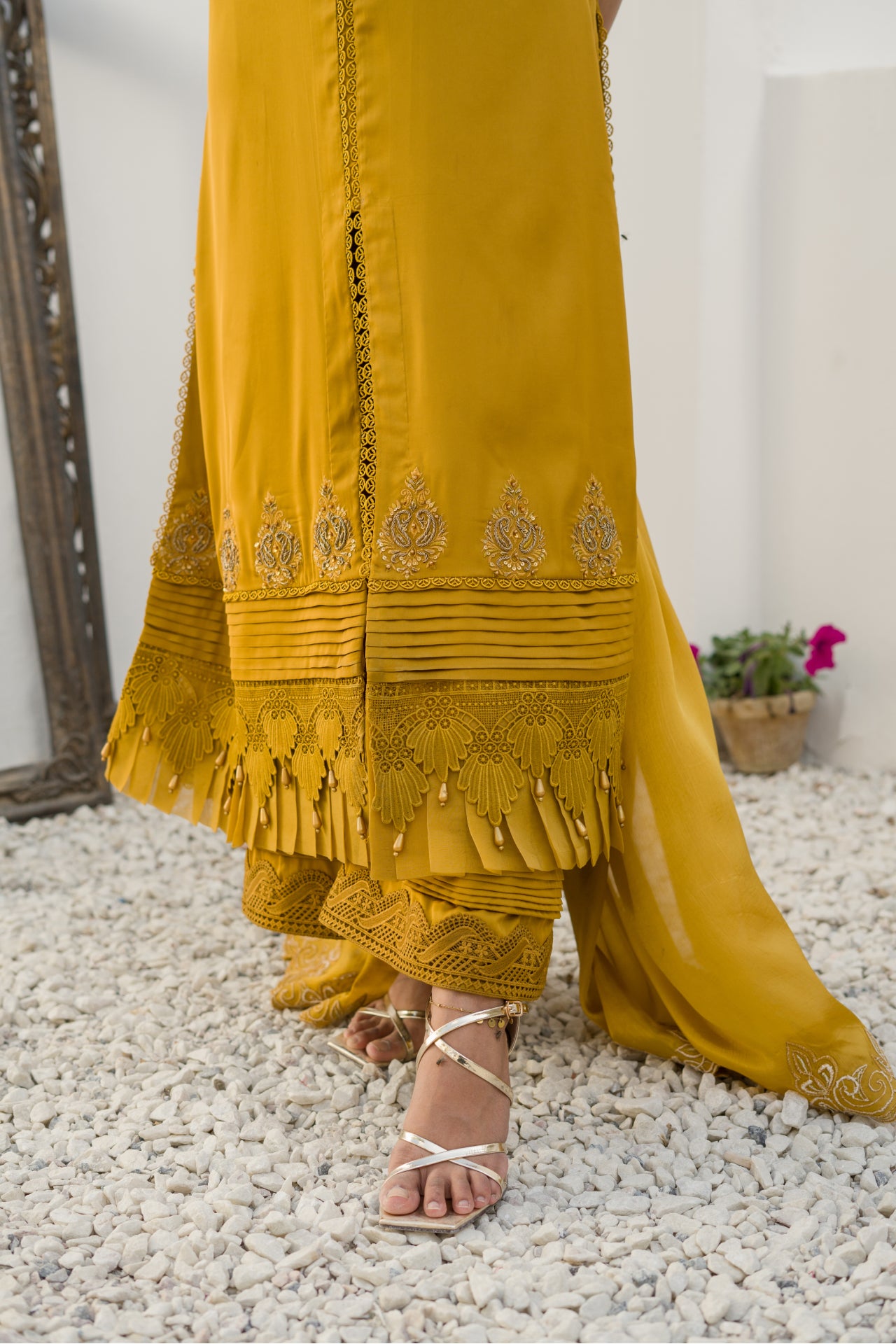 Nihana Mustard EMBROIDERED SILK SHIRT WITH PANT